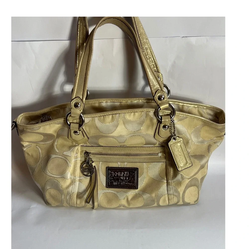 Coach Poppy Rocker Tan Gold Signature Lurex Satchel Handbag